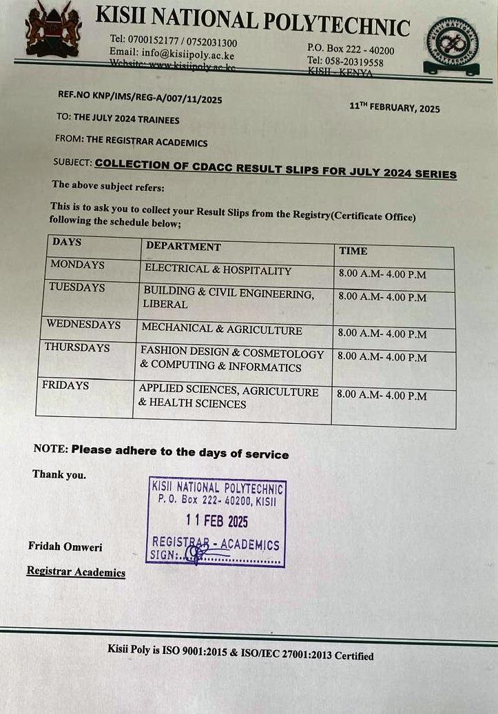 schedule of cdacc result slip collection